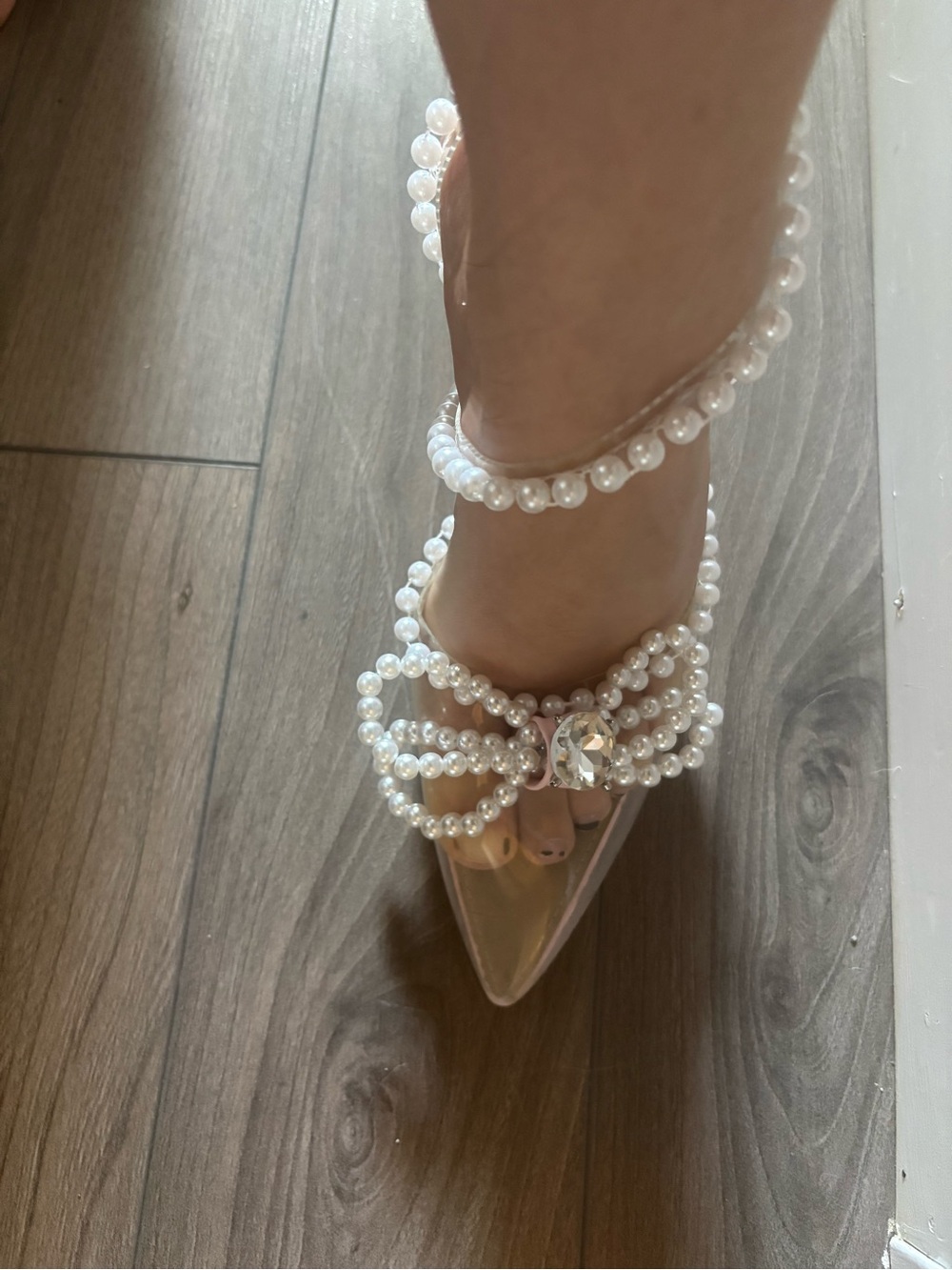 EGO White Pearl-Embellished Clear Pointed Heels